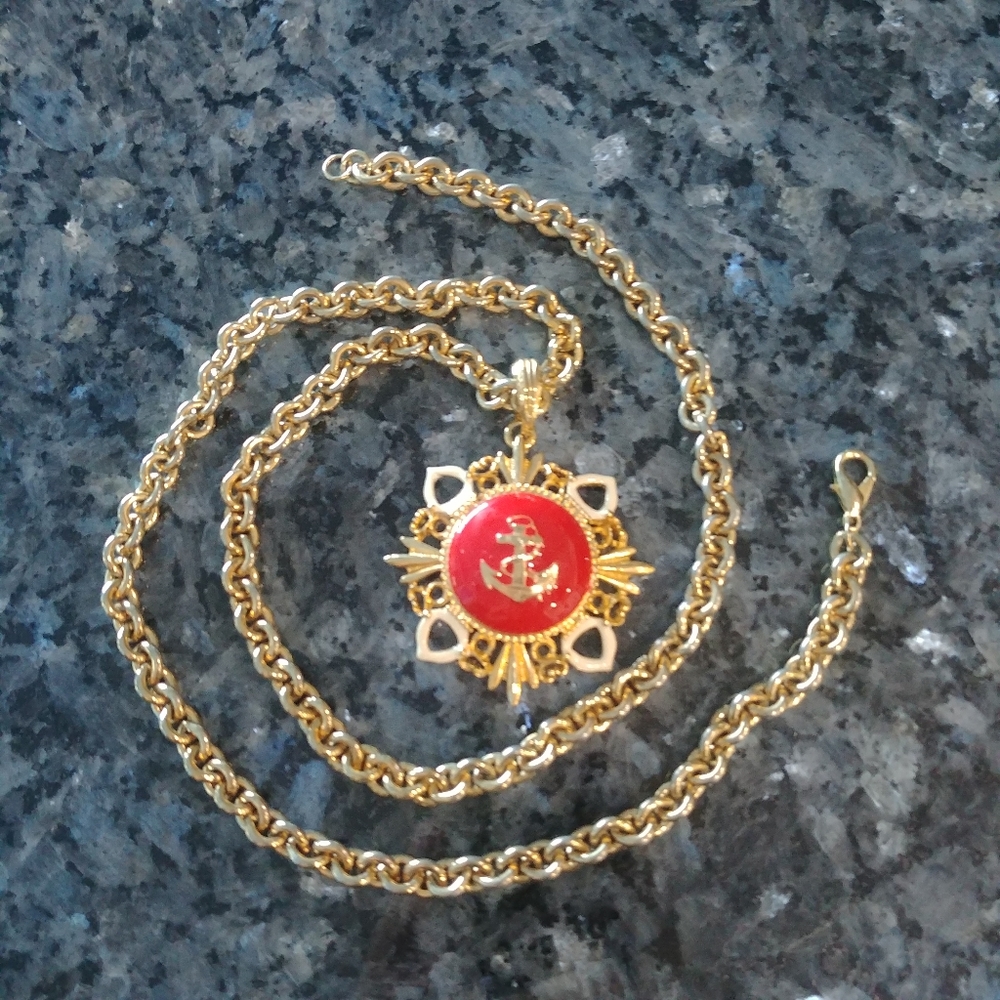 Vintage Anchor Nautical Pendant Necklace Red enamel and gold tone